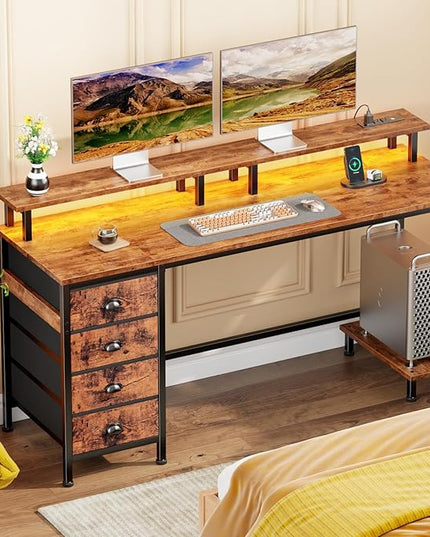 Furologee 55 Inch Computer Desk Gaming with 4 Fabric Drawers with Power Outlets and LED Lights for Home Office with Full Monitor Stand and Shelf Study Table for Small Spaces Rustic Brown