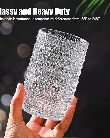 Hobnail Drinking Glasses with Straws 15oz Vintage Glassware Set of 6 Embossed Vintage Water Cups, Highball Glasses for Cocktail,Whiskey,Beer and Juic