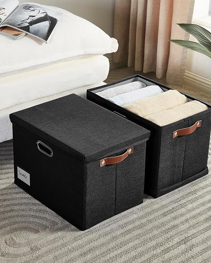 17" Large Collapsible Storage Bins with Lids, Stackable Closet Organizers with PU Handle and Labels, 3-Pack Decorative Fabric Storage Boxes for Home, Bedroom, Closet, Office, Nursery(Black)