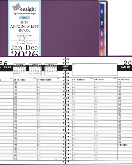 Ensight 2026 Appointment Book and Planner 8.5" x 11" Large Hourly Weekly Daily Schedule Book with Tabs, 15 Minute Time Slots, Purple Calendar Organizer Jan 2026–Dec 2026 Appointment Planner - Purple