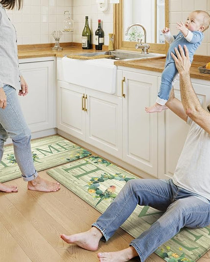 KIMODE Anti Fatigue Kitchen Mats for Floor 2 Piece,Farmhouse Spring Rugs Non Slip,Cushioned Memory Foam Carpet for Sink Laundry Office Bathroom,Green 17"x47"+17"x29"