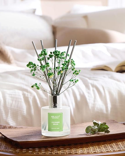 Airkeep Reed Diffuser Set,3.38 fl oz (100 ml) - Cucumber Melon Oil Diffusers with 8 Reed Sticks, Home Fragrance Reed Diffuser for Bathroom Shelf Decor