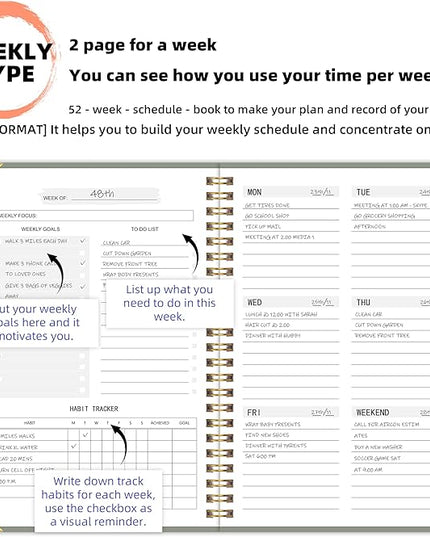 Undated Weekly Planner with Metal Corner Hardcover Notebook , A5 Size Journal with To Do List Planner, Habit Tracker,Weekly Goals for ADHD,Student, Office, Women, Men ,Gifts,6 x 8 inches，Spiral Bindding ,Green