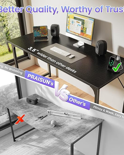 PRAISUN 54 X 20 Inch Office Computer Desk with Power Outlets and USB-C Port, Larger and Longer Gaming Desk, for Home Office, Study, Bedroom, Writing Work from Home Table, Metal Frame, Black