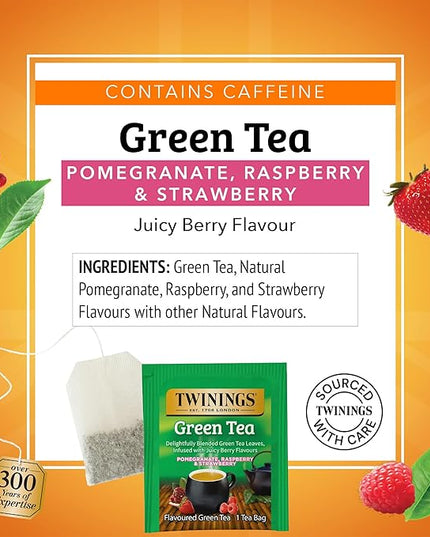 Twinings Green Tea with Pomegranate, Raspberry, & Strawberry Individually Wrapped Bags, 100 Count (Pack of 1), Caffeinated, Enjoy Hot or Iced, 100 Teabags