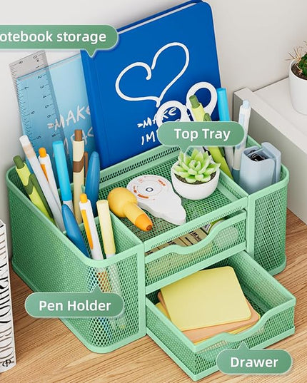 Marbrasse Mesh Desk Organizer, Pen Organizer with 2 Drawer, Multi-Functional Pencil Holder, Desk Organizers and Accessories with 5 Compartments + Drawer for Office Art Supplies (Green)