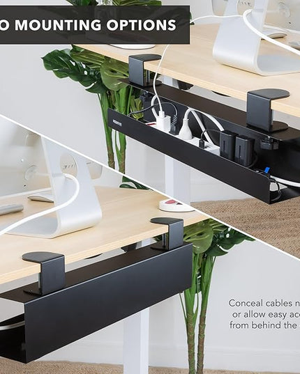 Mount-It! Clamp-On Under Desk Cable Management Tray – No-Drill Metal Cable Organizer for Office & Glass Desks, Secure Wire Management Tray for Power Strips & Cords – Sturdy Desk Cable Tray 23.6” Black