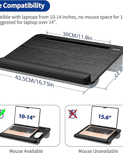 Besign LT08 Laptop Stand, Portable Lap Desk with Pillow Cushion, Fits up to 14 inch Laptop, with Anti-Slip Strip for Desk, Sofa & Bed, Black and Gray