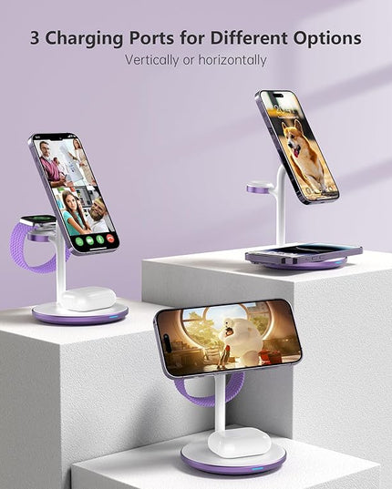 XooFly 3 in 1 Wireless Charging Station for Apple Devices, Fast Wireless Mag-Safe Charger Stand with 20W Adapter for iPhone 17/16 15 14 13 12 Pro Max/Pro/Plus/Air/Mini, iWatch, AirPods (Lavender)