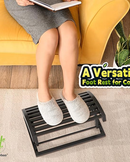 Foot Rest for Under Desk at Work - Adjustable Black Bamboo Footrest for Office and Couch