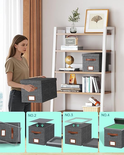 File Organizer Box with Lid File Box for Hanging Decorative File Organizer with One-Piece Integrated Plastic Slide Rail (Grey, 13.2x10.1x10.1inch(3pack))