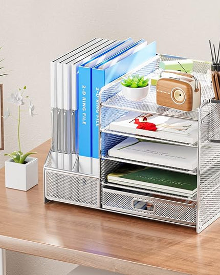 Marbrasse Desk Organizer with File Holder, 5-Tier Paper Letter Tray Organizer with Drawer and 2 Pen Holder, Mesh Desktop Organizer and Storage with Magazine Holder for Office Supplies (Silver)