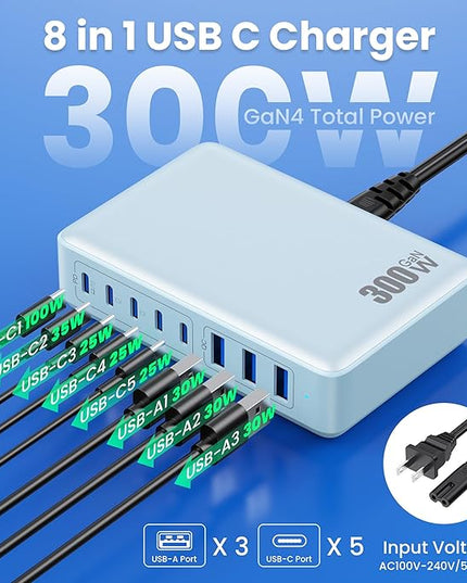 USB C Charger 300W USB C Charger Block, 8-Ports GaN IV Fast Charging Station Hub,PD 100W Laptop Charger Adapter,for MacBook Pro/Air/iPad/iPhone16/15/14/Apple Watch/DELL/Samsung for Home Office