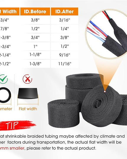 Black 2:1 Ratio Automotive Heat Shrink Braided Sleeving,Wear-Resistant Flat Woven Shrinkable Sleeve Fabric Car Cable Wires Hoses Protection (1"-26ft)
