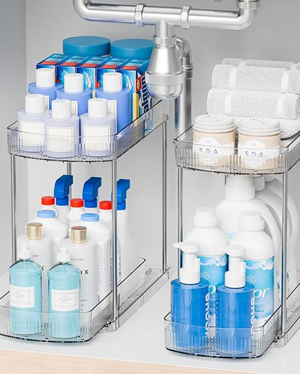 2 Pack Large Pull Out Bathroom Organizers and Storage,2 Tier 12.8″ Tall Sliding Kitchen Under Sink Organizer for Cleaning Products Storage,Acrylic Clear Bathroom inder Sink Organizer,Undersink Storage
