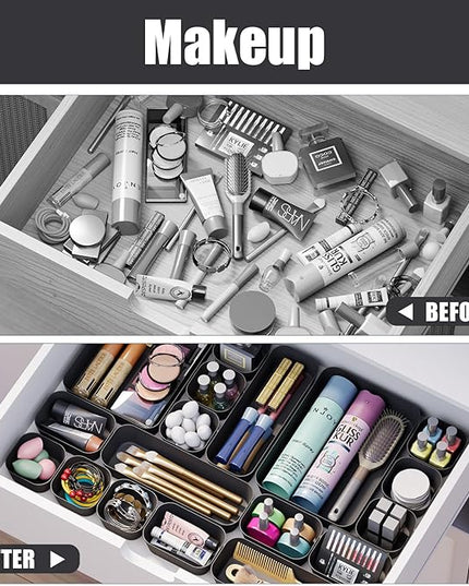Plastic Drawer Organizers, 18 PCS Drawer Organizer Bins, Bathroom and Vanity Organizer Plastic Tray, Makeup organizer and storage for Makeup, Bedroom, Kitchen Gadgets Utensils and Office (Black)