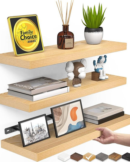 BAYKA Floating Shelves for Wall, Wall Mounted Rustic Wood Shelves for Bathroom, Bedroom, Living Room, Kitchen,Small Hanging Shelf for Books/Storage/Room Decor (Light Oak-Toned, Set of 3, 15.7in)