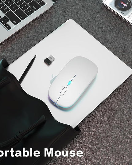 Wireless Bluetooth Mouse Rechargeable Laptop Mice with LED Use Portable(BT5.2 and USB 2.4G) Dual Mode Connection Silent Slim Computer Mouse for Laptop/iPad Tablet/Apple MacBook/PC(White)