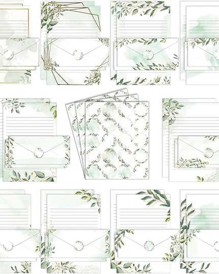 TaoBary 160 Pcs Stationery Paper Set 50 Double Sided Stationery Papers with 50 Matching Envelopes and 60 Round Dot Sticker, 10 Design(Green Leaves,8.5 x 11 Inch)