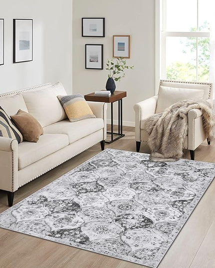 Lahome Moroccan Trellis Washable Small Area Rug, 3x5 Area Rug for Bedroom Living Room, Non-Slip Oriental Accent Throw Carpet for Kitchen Office Entryway Bathroom Office, Silver/Grey