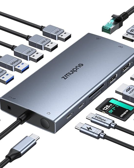 USB C Laptop Docking Station with 2 HDMI 4K@60Hz+DP 8K@30Hz for Dell HP 15 in 1 USB C Hub Triple Display Multiple Adapter Dongle with USB A Port+Button+PD+Ethernet+SD/TF+Audio for Thinkpad Surface