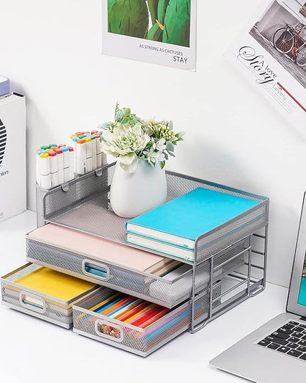 Marbrasse 3 Tier Mesh Desk Organizer with Drawer, Multi-Functional Desk Organizers and Accessories, Paper Letter Organizer with 2 Pen Holder for Home Office Supplies (Silver)