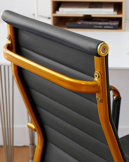 Livinia Modern Executive Office Desk Chair, Chrome & Leather Conference Room Swivel Chairs with Ribbed High Back, Adjustable Height, Removable Armrest, and Wheels for Home Office (Black(Gold))
