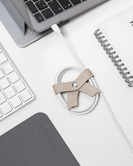 SenseAGE 5 Pack Cord Organizer, Bow Cord Keeper, Cable Organizer USB Holder, Leather Cable Management, Cable Straps, Earphone Winder, Storage Straps for Electronics, Earbuds (Moonlight Grey, Big)