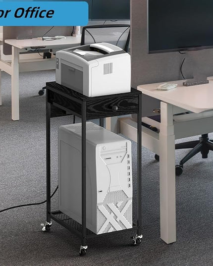 2 Tier Computer Tower Stand with Drawer, CPU Holder Stand with Charge Station and USB Charging Port, Printer Cart with Wheels for Home Office Fax, Black