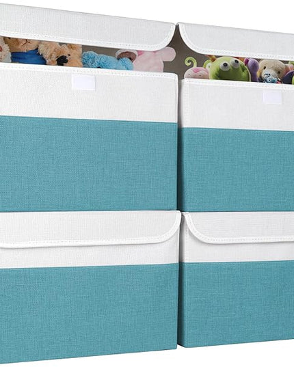 Large 22 Quart Linen Fabric Foldable Storage Bin Cube Organizer Basket with Flip-Top Lid & Handles, Clothes Blanket Box for Home, Office, Closet, Teal & White, 4 Pack 14.6 x 9.5 x 9.5