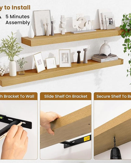 Fun Memories Floating Shelves 48 Inch, Extra Large Wood Shelf Set of 2, Hanging Wall Shelves for Bathroom, Living Room, Kitchen, Bedroom, Oak