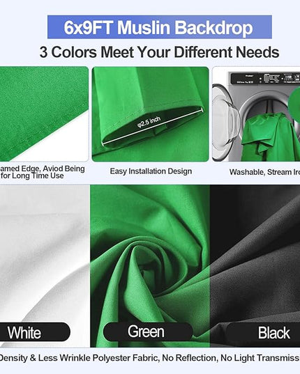 EMART 8.5x10ft Green Screen Backdrop Kit with 6x9ft Polyester Backdrop(Black/White/Green), Adjustable Photography Background Support System for Studio Photography, Parties, Wedding, Video Shooting