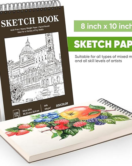Soucolor 8" x 10" Sketch Book, 100 Sheets 8 x 10 Sketchbook, 68 lb/100gsm 8" x 10" Drawing Paper, Spiral Bound Sketch Pad, Art Paper for Drawing Painting, Art Supplies Gifts