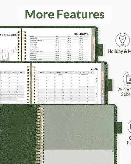 SUNEE 2026 Weekly & Monthly Planner 9"x11.2"- 12 Month (January 2026 - December 2026), Vegan Leather Cover, Pocket, Bookmark, Notes, Monthly Tab, Deep Green