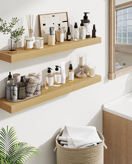 Fun Memories Floating Shelves for Room Wall, 36 Inch Long Shelf Set of 2， Hanging Wood Shelves for Storage & Display, Oak