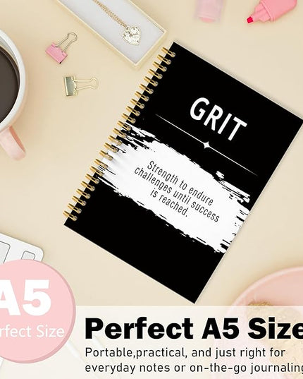 Grit Quotes Notebook Journal, Inspirational Office Notebooks for Work, Motivational Gifts for Women Men, Gifts for Office Coworkers, Black Hardcover Spiral Notebook 5.5x8.3