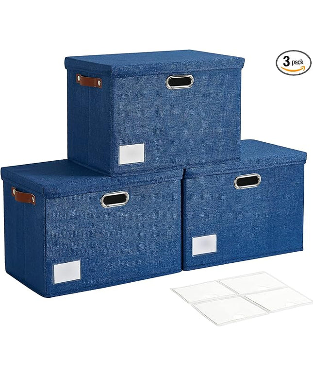 17" Large Collapsible Storage Bins with Lids, Stackable Closet Organizers with PU Handle and Labels, 3-Pack Decorative Fabric Storage Boxes for Home, Bedroom, Closet, Office, Nursery(Navy)