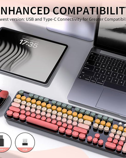 Wireless Keyboard and Mouse, MOFII 104 Round Keycaps Retro Typewriter with OTG & Brush, Full-Size Ergonomic, Ideal for Windows PC, Home, Office and College Rainbow Red