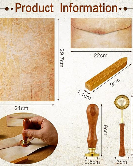 33 Pieces Vintage Paper and Envelopes Set, Including 12 Writing Stationery Paper Letter 12 Envelopes Sealing 6 Wax Sticks Seal Stamp Tea Candles and Wax Spoon for Stamp