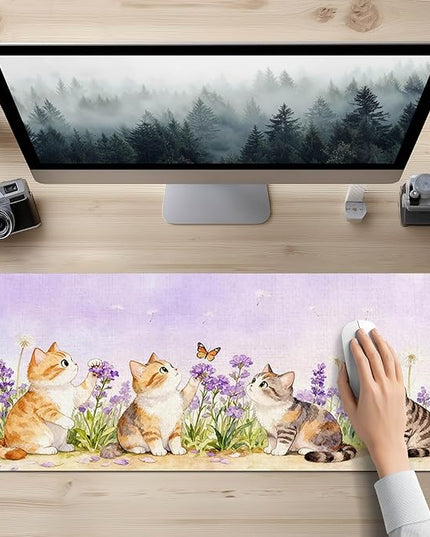 XL Mouse Pad Gaming Mousepad 31.5 x 11.8 Inch Large Keyboard Desktop Mat Diatomite Mouse Pad for Home and Office Desk Accessories with Watercolor Cat Lavender Meadow Artwork
