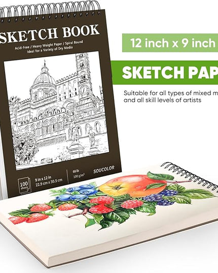 Classroom Must Haves Supplies for Teacher Student, Soucolor 9" x 12" Sketch Book 100 Sheets, Back to School Supplies, Art Sketchbook, Acid Free (68lb/100gsm) Artist Drawing Book Painting Sketching Pad