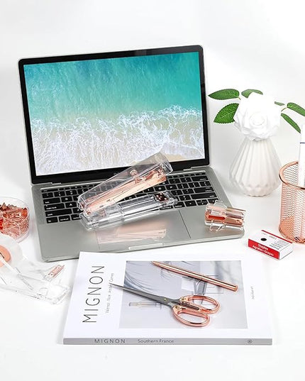 Rose Gold Desk Accessories, Office Supplies Set with Acrylic Stapler, Tape Dispenser, Staple Remover, Pen Holder, Scissor, Binder Paper Clips, 1 Ballpoint Pen, 1 Clear Tape and 1000pcs Staples