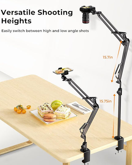 UBeesize Overhead Camera Mount with 360° Adjustable Arm & Phone Holder for TikTok Live Streaming Photography Studio Content Creation, Desk Mount for DSLR Cameras/Webcam/iPhone/Ring Light/Microphone
