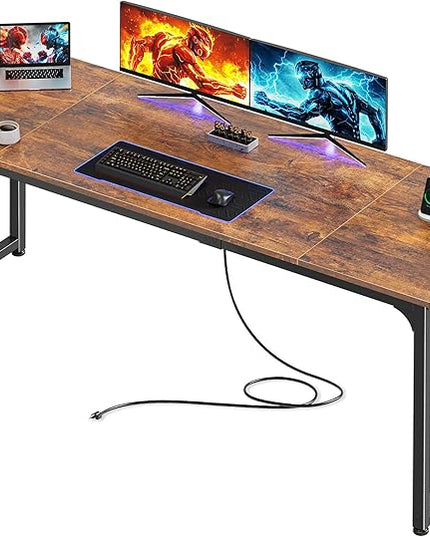 PRAISUN 70 X 24 Inch Office Computer Desk with Power Outlets and USB-C Port, Larger and Longer Gaming Desk, for Home Office, Study, Writing Work from Home Table, Metal Frame, Rustic Brown