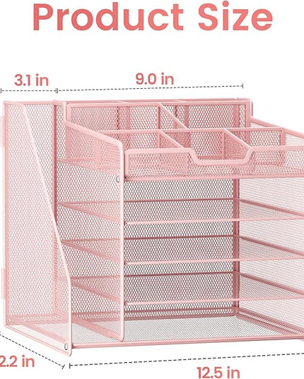 Lavatino Desk Organizer, 5-Tier Metal Mesh Paper Letter Tray with File Holder & 7 Flexible Dividers for Office or Home Desk Organizers and Accessories, Keep Workspace Supplies Neat & Organized, Pink