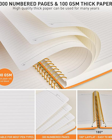 B5 Spiral Notebook Journal 7.6” x 10”, 300 Numbered Pages Hardcover Leather Journals for Women Men, Large Lined College Ruled Notebooks, 100GSM Thick Paper, Spiral Bound Journal for Work School, Orange