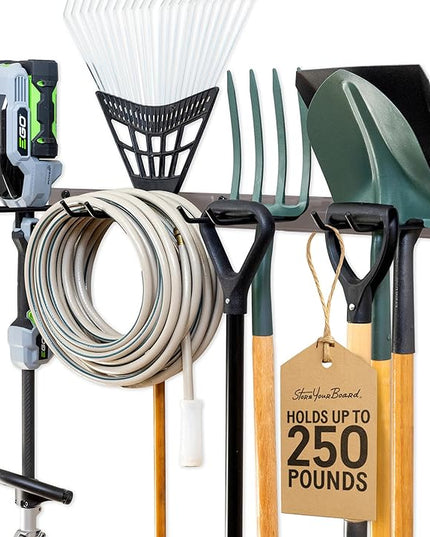 StoreYourBoard Wall-Mounted Rack With 4 Garage Hooks – Heavy-Duty Steel Holder Garage & Garden Storage for Shed, Workshop, or Home Organization – For Rakes, Shovels, Tools & More – 1 Pack, Mud