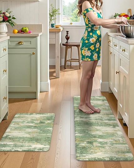 Collive Anti Fatigue Mats for Kitchens Floor, Abstract Non Skid Kitchen Rugs Sets of 2 Green Modern Standing Mat, Foam Cushioned Comfort Carpet for Office, Sink, Home Decor, 17"x59"+17"x29"