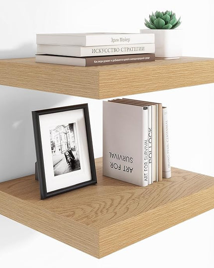 Heimlove 12 Inch Deep Floating Shelves, 16 x 12 inches Long Wall Shelf, Large Extra Display Shelf & Storage Shelf, Rustic Wood Wall Shelves for Fireplace Mantel, Oak - 2Pack