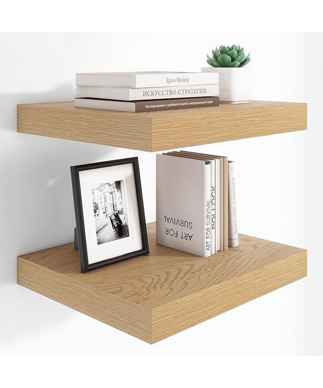 Heimlove 12 Inch Deep Floating Shelves, 16 x 12 inches Long Wall Shelf, Large Extra Display Shelf & Storage Shelf, Rustic Wood Wall Shelves for Fireplace Mantel, Oak - 2Pack